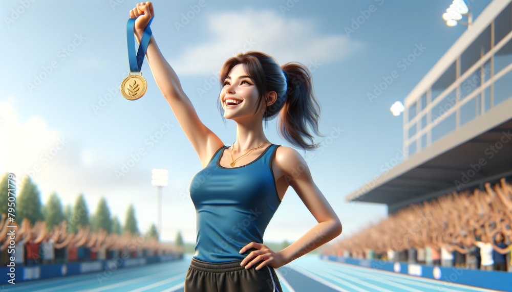 Fototapeta premium Young woman with ponytail wins gold, smiling in blue tank top. Happy athlete in blue tank top holds gold medal up proudly.