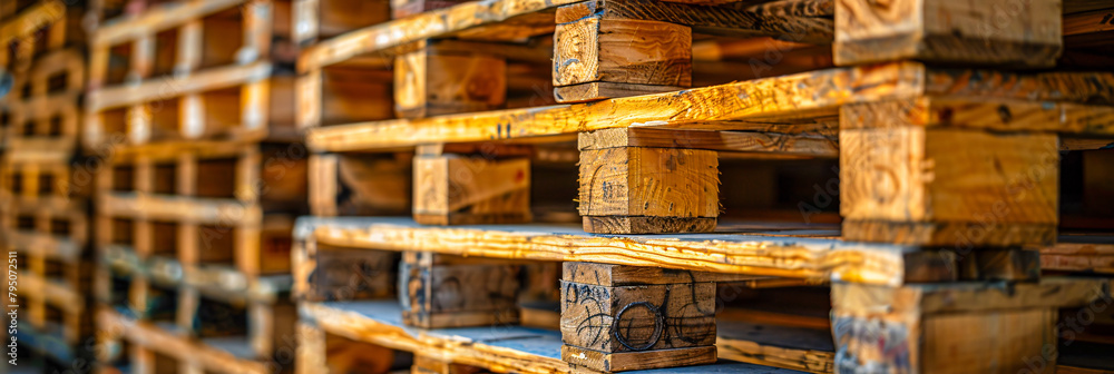 Stacked Wooden Pallets in Warehouse, Industrial and Logistic Background, Wood Texture