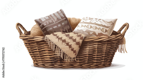 Wicker basket with cushion and blanket isolated on white