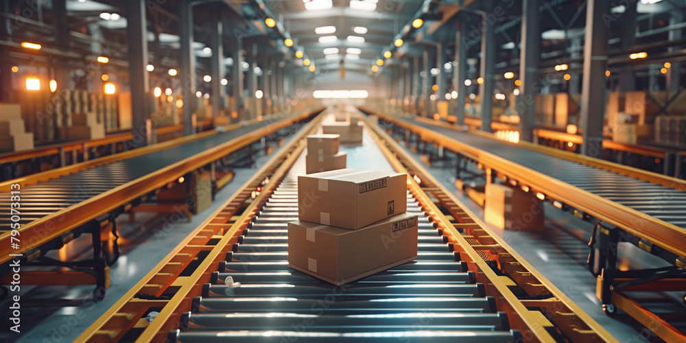 Packages move efficiently on a conveyor belt system within a modern distribution center's warehouse.