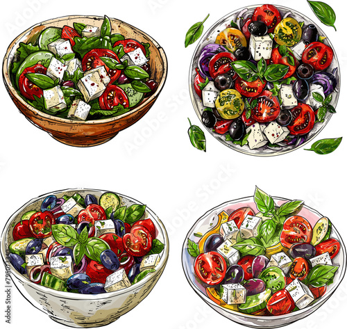 Color engraving raster Illustration set of Greek salad isolated on white background