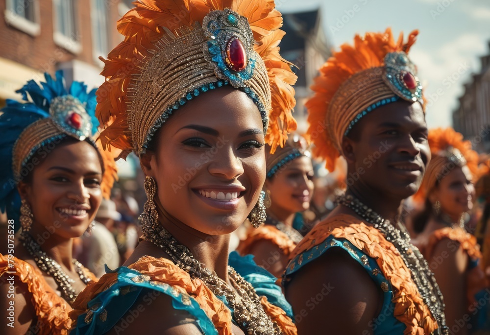 Vibrant carnival dancers in ornate festive costumes. Culture and lively performance in motion.