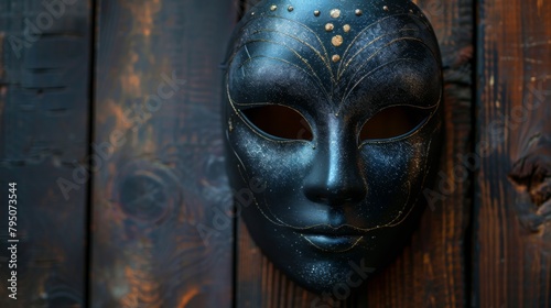 A black mask on a wooden wall with gold accents, AI