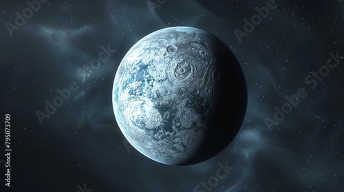 A large planet with a blue surface and a white spot in the middle. The planet is surrounded by a dark sky with many stars