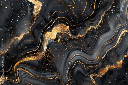 Three-dimensional abstract wallpaper featuring a luxurious dark golden and black background in black and gold tones © New Robot