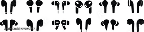 Hand Free icon set. Headphones wireless earphones flat icon collection. Headset silhouette. Handfree group. photo