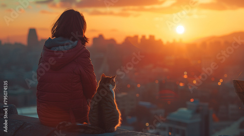 A young woman and a cat sit side by side  enjoying the tranquil view of the city s skyline from above.