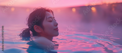 A young Japanese woman soaking in an onsen with steam rising in a serene environment at dusk.