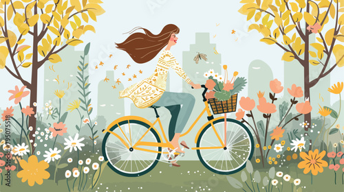 Woman riding a bike in spring with flowers in the basket