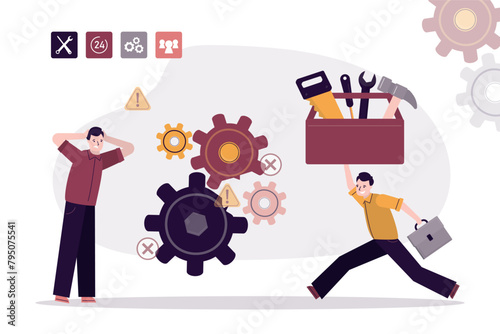 Sad user with broken gears, accident. Technician or repairman carrying toolbox with various tools. Worker man fast running to help. Maintenance service, repair man fixing problems.
