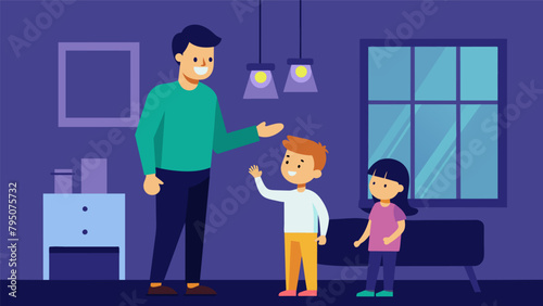 A father teaching his children to turn off the lights when leaving a room to instill good energysaving habits and lower their monthly utility