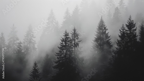 A black and white photo of a forest with fog, AI