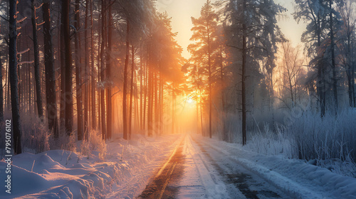 Road with frost-covered trees in winter forest at fogg