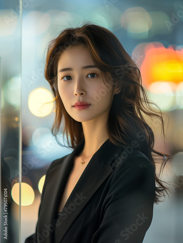 Chic and stylish portrait of a gorgeous young Asian female CEO stands out in a stylish professional suit against a blurred interior office background.