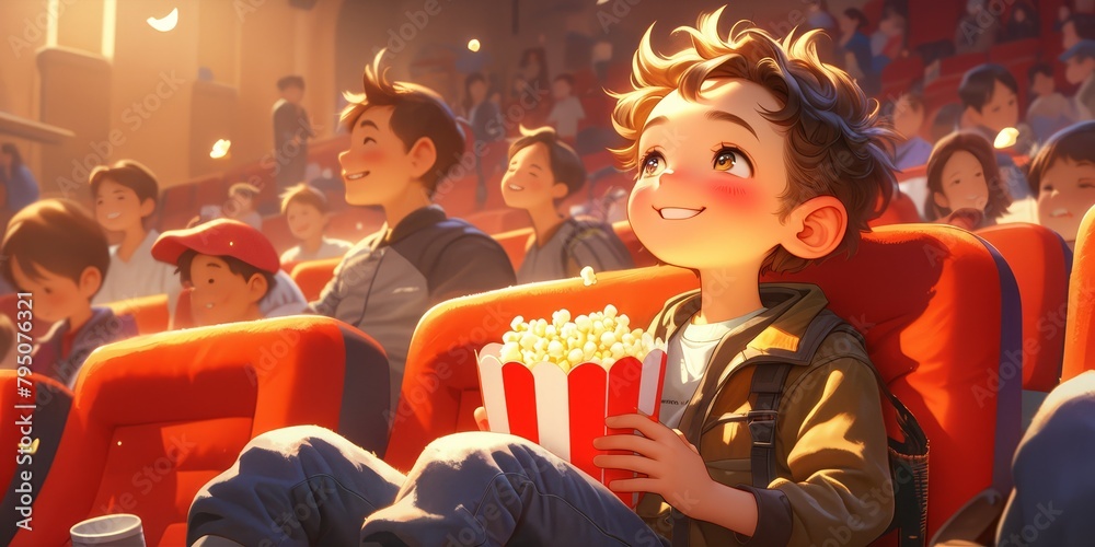 A cute little boy with curly hair smiles while watching a movie in the cinema, sitting on a red velvet seat and eating popcorn.