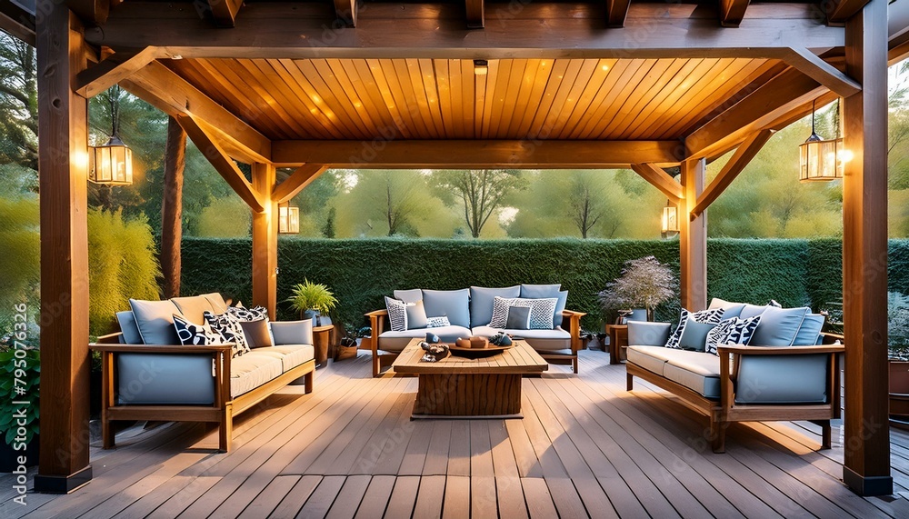 Fresco Comfort: Cozy Covered Patio with Wooden Floor, Recessed Lighting, and Outdoor Entertainment