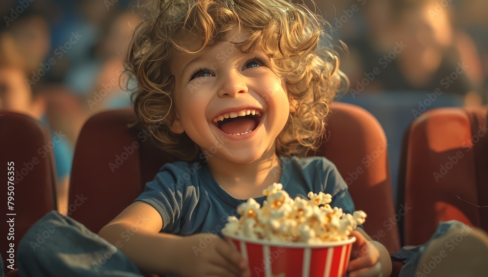 A cute little boy with curly hair smiles while watching the movie in the cinema, sitting on a red velvet seat and eating popcorn. 
