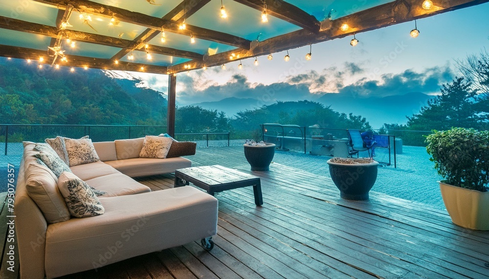 Fototapeta premium Fresco Comfort: Cozy Covered Patio with Wooden Floor, Recessed Lighting, and Outdoor Entertainment