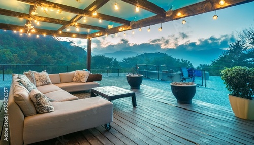 Fresco Comfort: Cozy Covered Patio with Wooden Floor, Recessed Lighting, and Outdoor Entertainment