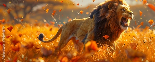 Cartoon of a lion, regal and roaring, the savanna's animated king photo