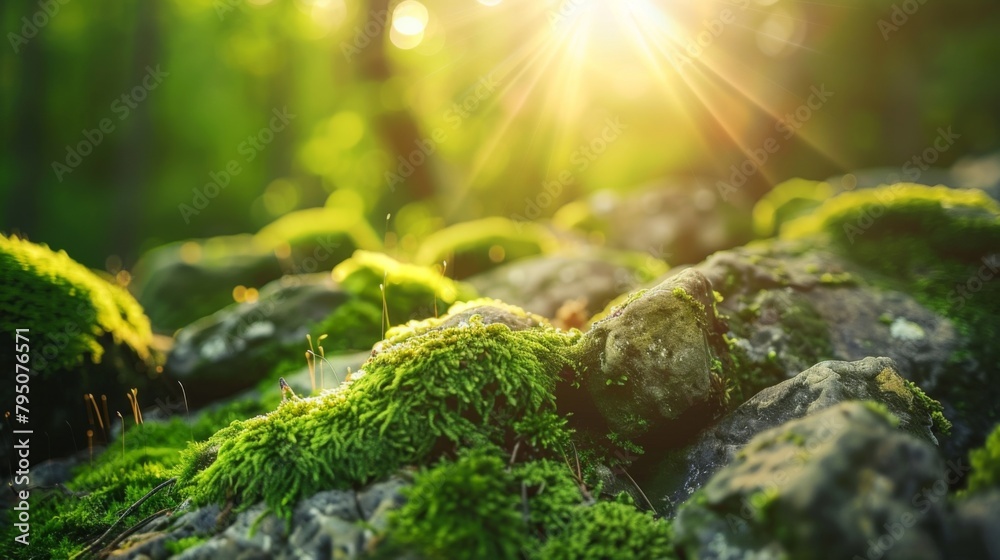 Beautiful nature scene with moss on rocks in a forest at sunrise