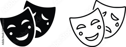 Theatrical masks icon. Comedy and tragedy theatrical masks icons. Comic and tragic mask. Masquerade collection. Happy and unhappy traditional symbol photo