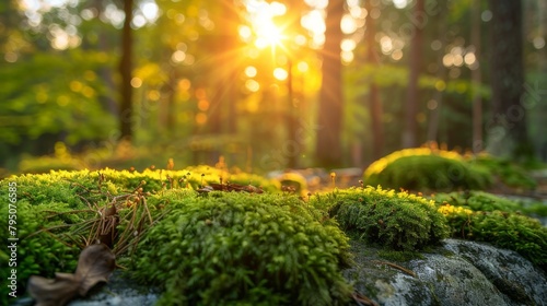 Beautiful nature scene with moss on rocks in a forest at sunrise