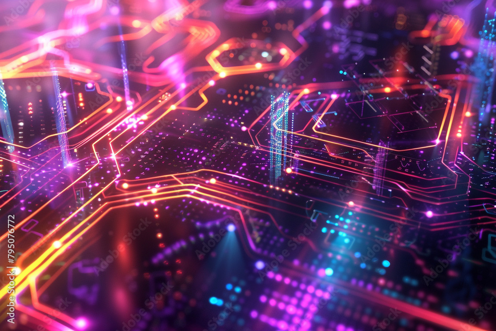 Futuristic cyber landscape, a digital world illuminated by vibrant hexagonal grids and dynamic technology networks Futuristic cyber landscape, a digital world illuminated by vibrant hexagonal grids and dynamic technology networks