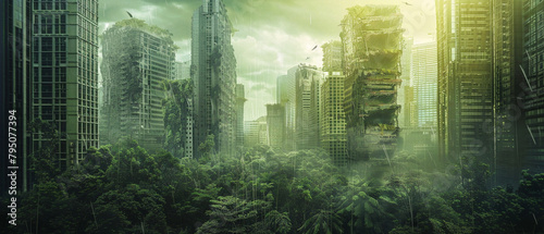 Desolate cityscape reclaimed by lush greenery, hinting at the resilience of nature in v6 style. photo
