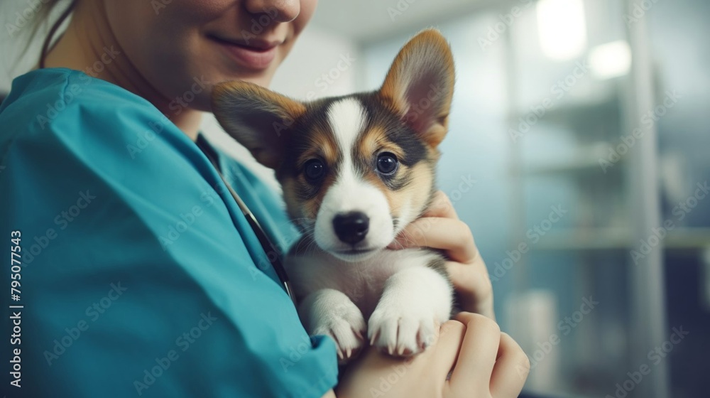A corgi puppy at a doctor's appointment at a veterinary clinic. The concept of a veterinary clinic, animal care. A corgi puppy at a doctor's appointment at a veterinary clinic. The concept of a veterinary clinic, animal care.