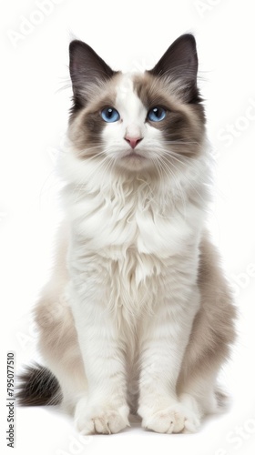 A cat with blue eyes and white fur sits on a white background © liliyabatyrova