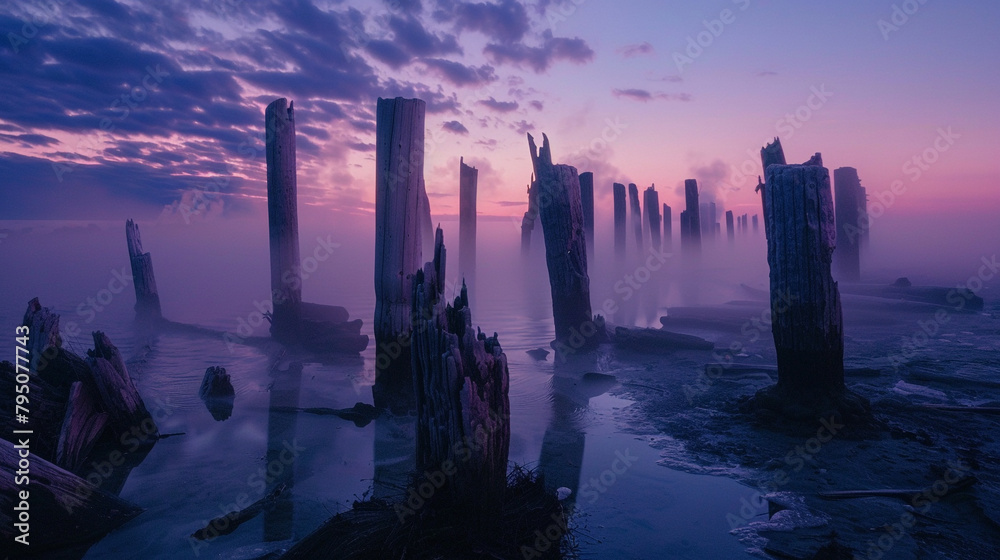 the twilight magic as wood posts stand like ethereal sculptures, their forms gracefully revealed through a long exposure shot. The HD camera immortalizes this enchanting and mysterious scene.