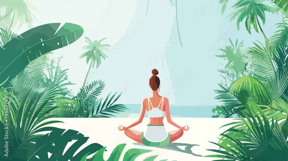 Woman meditating in lotus pose on the tropical background