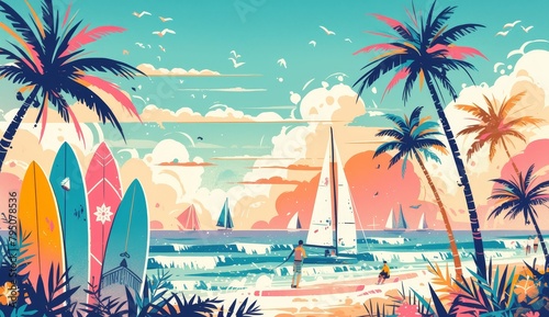 A colorful cartoon illustration of surfboards leaning against palm trees on the beach with waves in front and sailboats in the distance at sunset