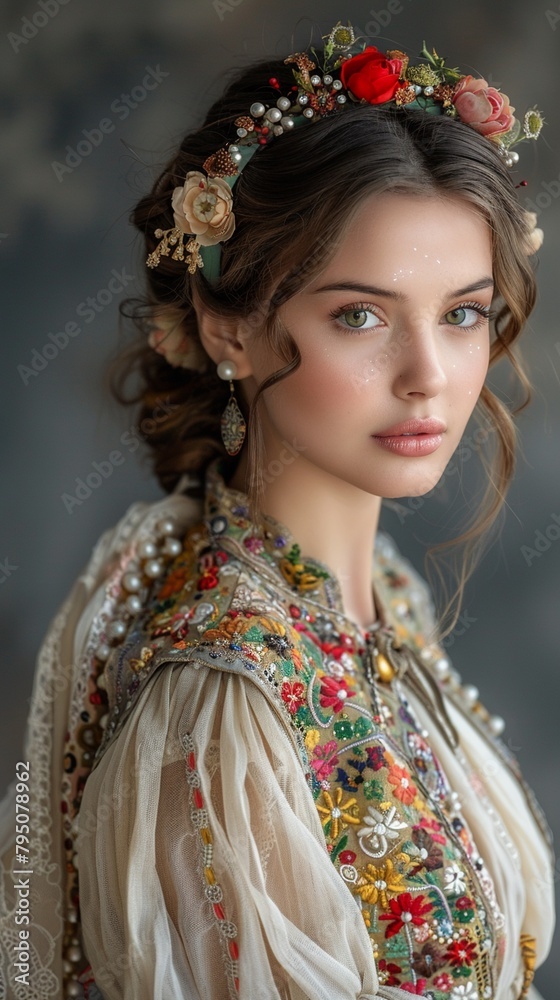 Hungarian female in traditional dress, beauty in cultural heritage