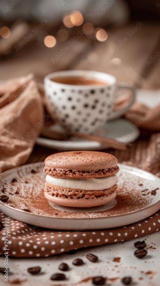 A delicate macaron with a coffee powder dusting, placed on an elegant white plate and set against the backdrop tablecloth with a steaming cup of black or latte espresso,