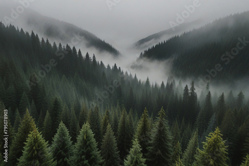 Evergreen forest view from overhead fog rolling in loo photo