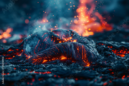 Intense volcano eruption with lava flow close up, power of nature 8k wallpaper background
