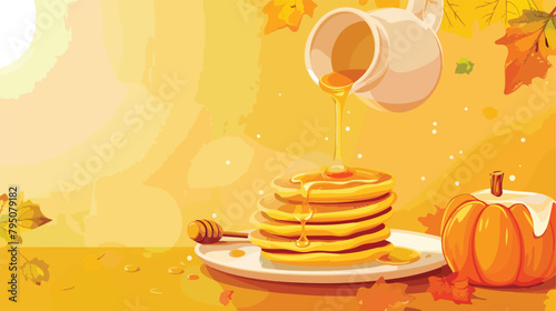Woman pouring sweet honey onto tasty pumpkin pancakes
