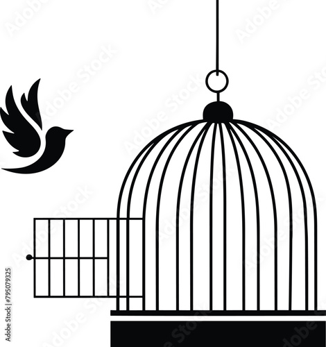 Silhouette of bird and cage, vector illustration.