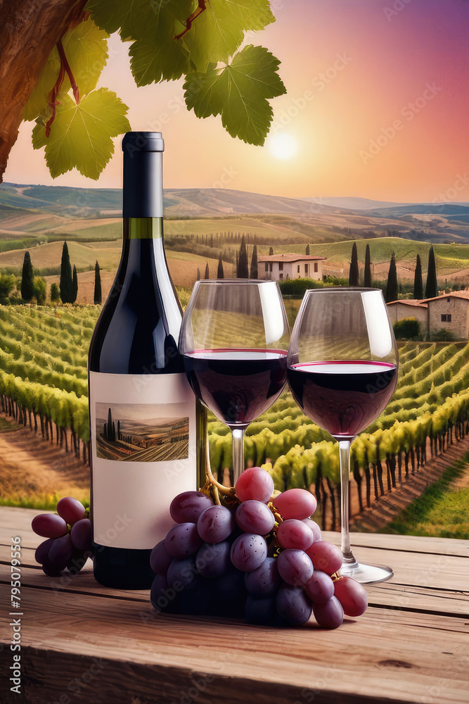 Naklejka premium Still life with two glasses of red wine with grapes on wooden table in vineyard in field at sunset.