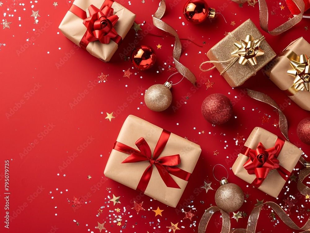 a group of presents with red and gold decorations a group of presents with red and gold decorations