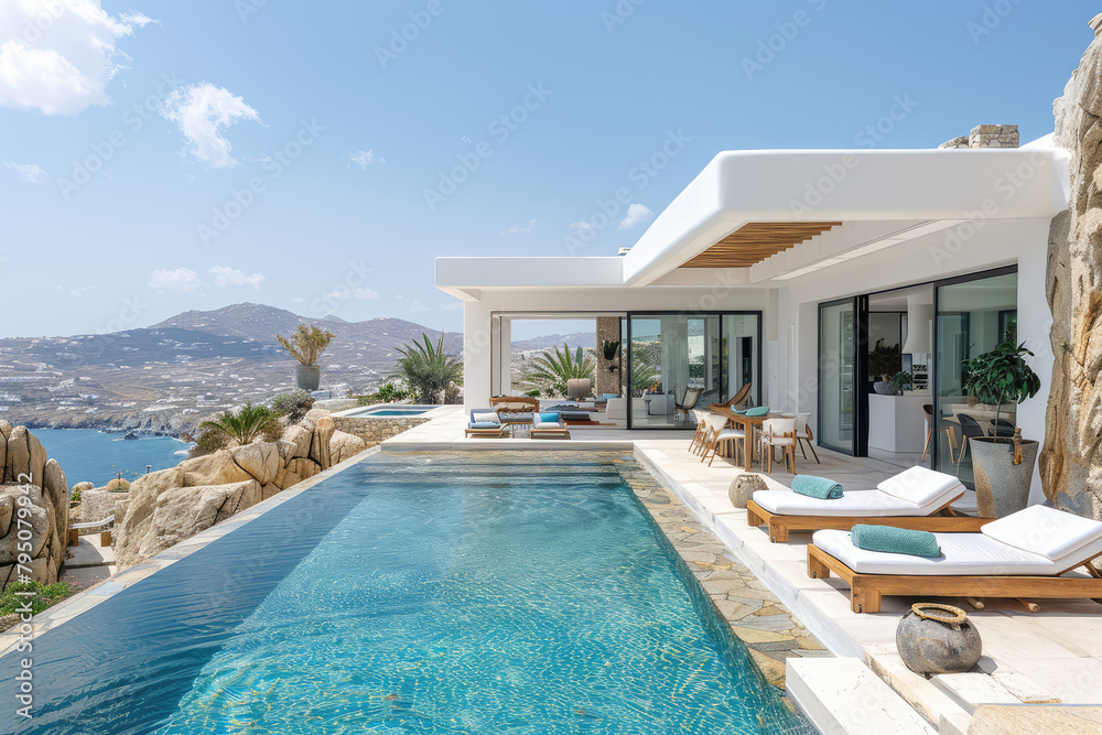 Beautiful modern villa with pool on the island of Mykonos, overlooking olive trees and mountains in the distance, sea view. Created with Ai