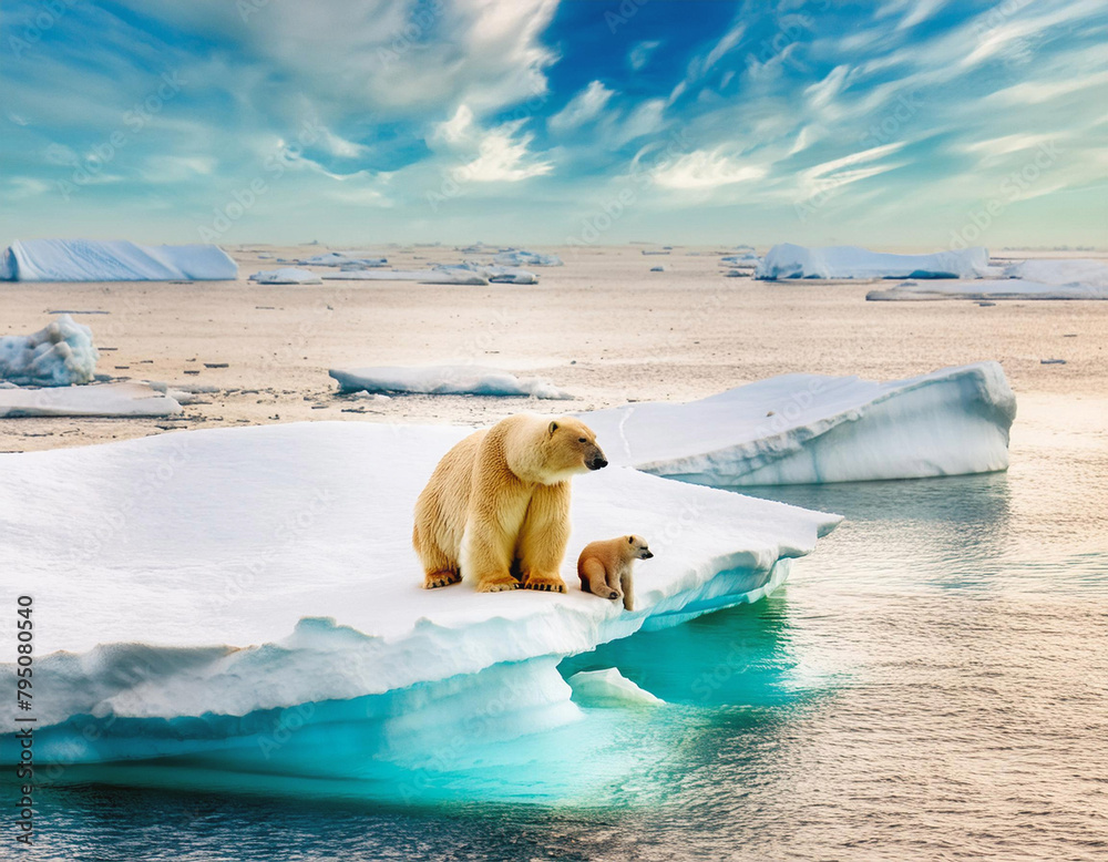 Polar bear mother and cubs on a melting sea and ice floe