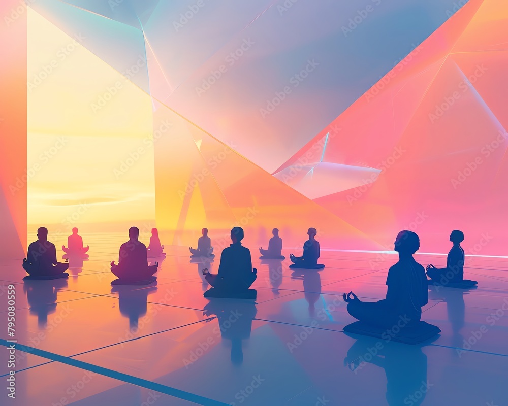 Group meditation visualized in abstract forms, soft hues intermingling, gentle light, Group meditation visualized in abstract forms, soft hues intermingling, gentle light,