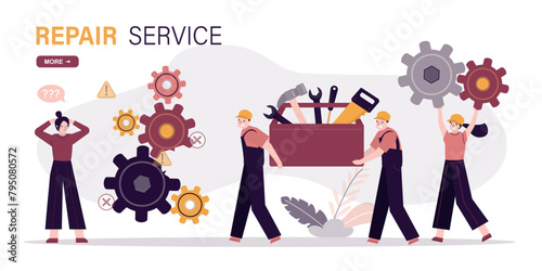 User with broken gears, accident. Team of technicians or repair man carrying toolbox with various tools. Woman worker carries new spare parts. Maintenance service,