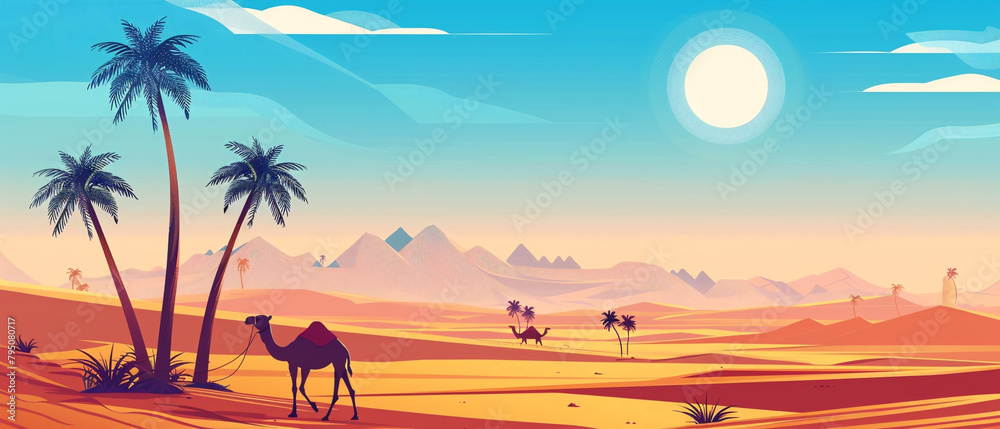 Scenic desert oasis with lush palm trees and camels resting under the shade. So serene.