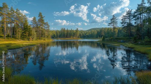 Beautiful lake in the forest, blue sky with white clouds, green grass on both sides of the water, trees in background .Created with Ai