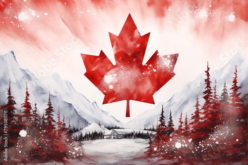 Painting of the Canadian flag with a red field on top and white field on the bottom, separated by a red square in the center. In the center of the square is a stylized red maple leaf