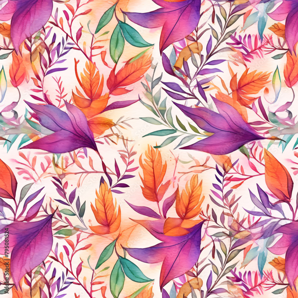 Colorful Autumn Leaves and Flower Patterned Seamless Background Design Colorful Autumn Leaves and Flower Patterned Seamless Background Design